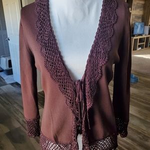 Joseph A. Vintage Brown Crochet Knitted Fringe Cardigan